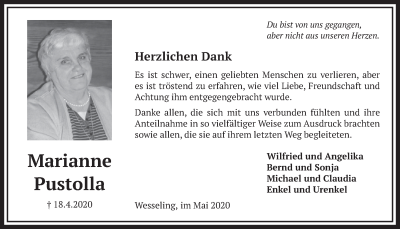  Traueranzeige für Marianne Pustolla vom 08.05.2020 aus  Schlossbote/Werbekurier 