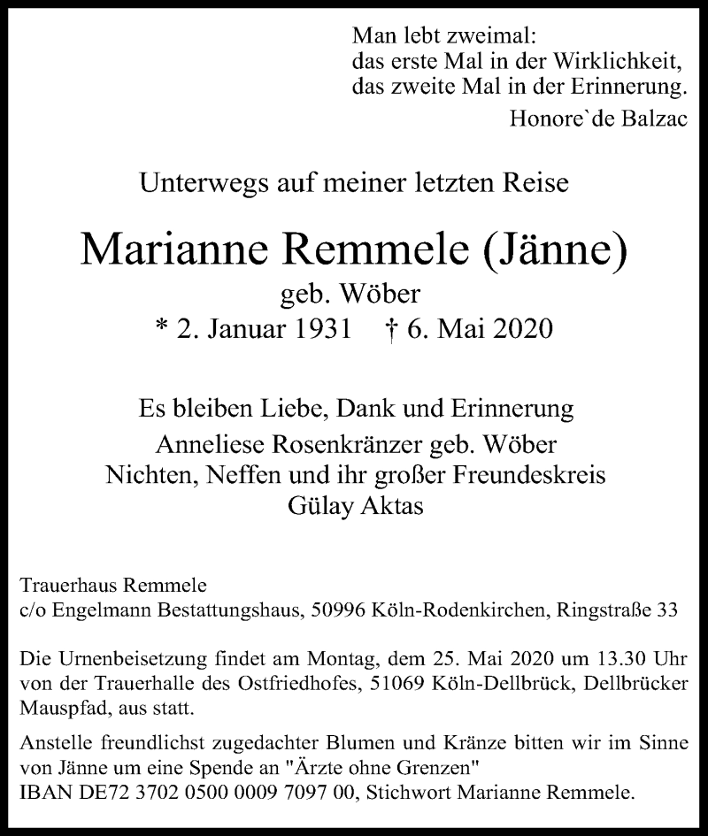  Traueranzeige für Marianne Remmele vom 16.05.2020 aus Kölner Stadt-Anzeiger / Kölnische Rundschau / Express