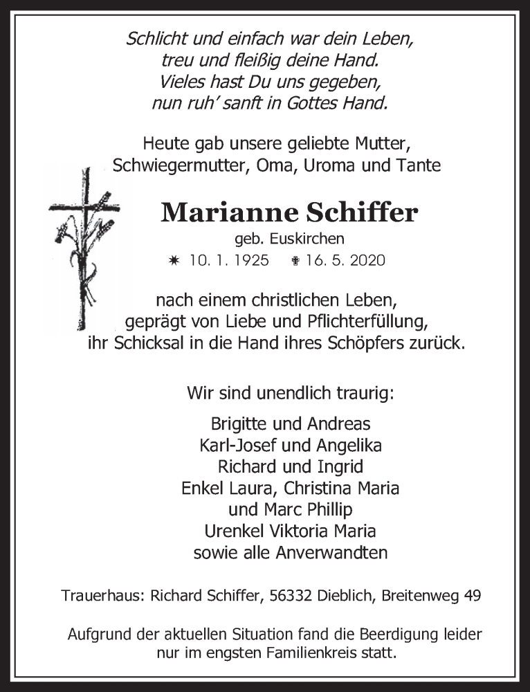  Traueranzeige für Marianne Schiffer vom 22.05.2020 aus  Wochenende 