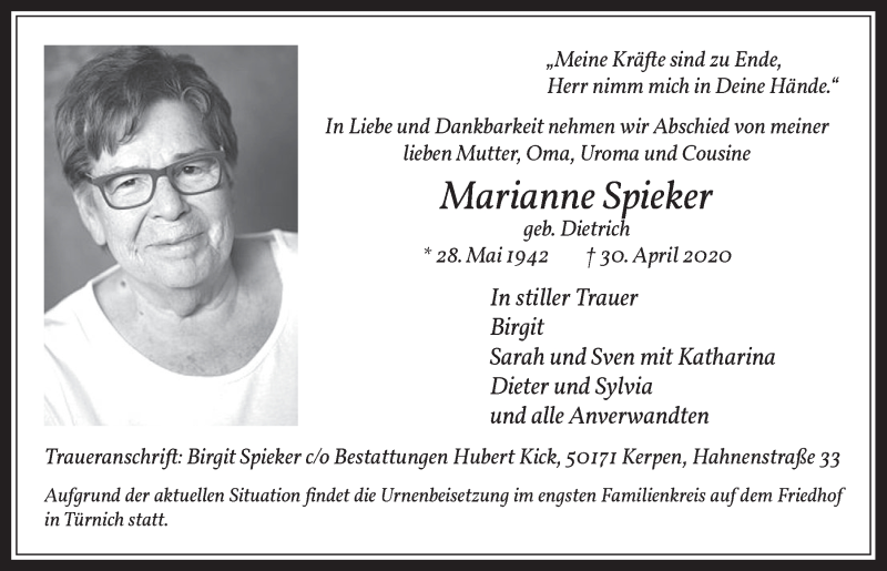  Traueranzeige für Marianne Spieker vom 08.05.2020 aus  Werbepost 