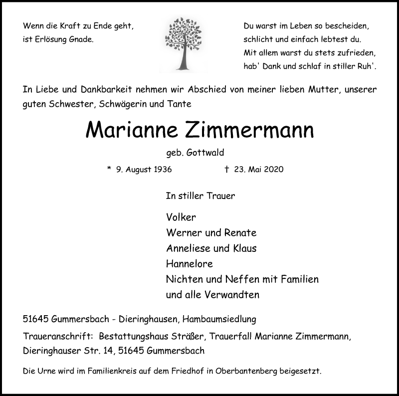  Traueranzeige für Marianne Zimmermann vom 30.05.2020 aus Kölner Stadt-Anzeiger / Kölnische Rundschau / Express