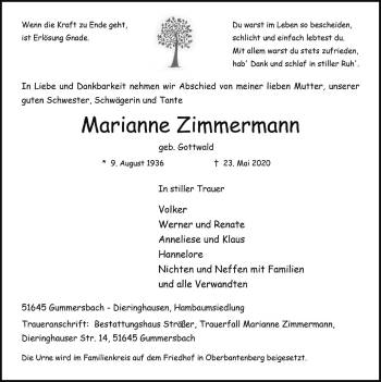 Anzeige von Marianne Zimmermann von  Anzeigen Echo 