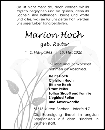 Anzeige von Marion Hoch von Kölner Stadt-Anzeiger / Kölnische Rundschau / Express