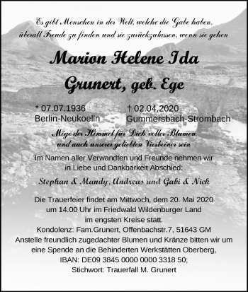 Anzeige von Marion Helene Ida Grunert von Kölner Stadt-Anzeiger / Kölnische Rundschau / Express