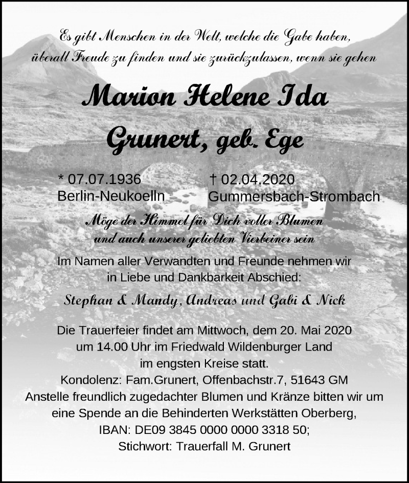  Traueranzeige für Marion Helene Ida Grunert vom 20.05.2020 aus Kölner Stadt-Anzeiger / Kölnische Rundschau / Express