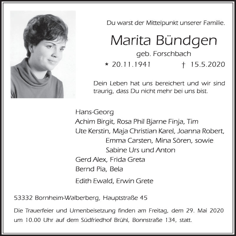  Traueranzeige für Marita Bündgen vom 22.05.2020 aus  Schlossbote/Werbekurier 