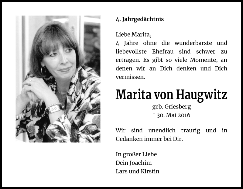  Traueranzeige für Marita von Haugwitz vom 30.05.2020 aus Kölner Stadt-Anzeiger / Kölnische Rundschau / Express