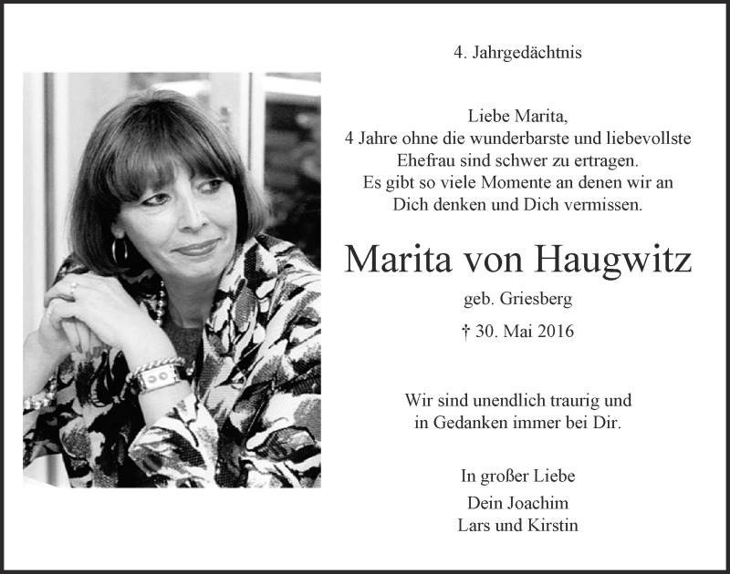  Traueranzeige für Marita von Haugwitz vom 29.05.2020 aus  Kölner Wochenspiegel 