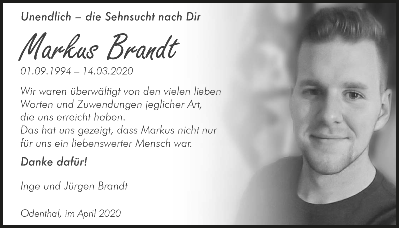  Traueranzeige für Markus Brandt vom 08.05.2020 aus  Bergisches Handelsblatt 