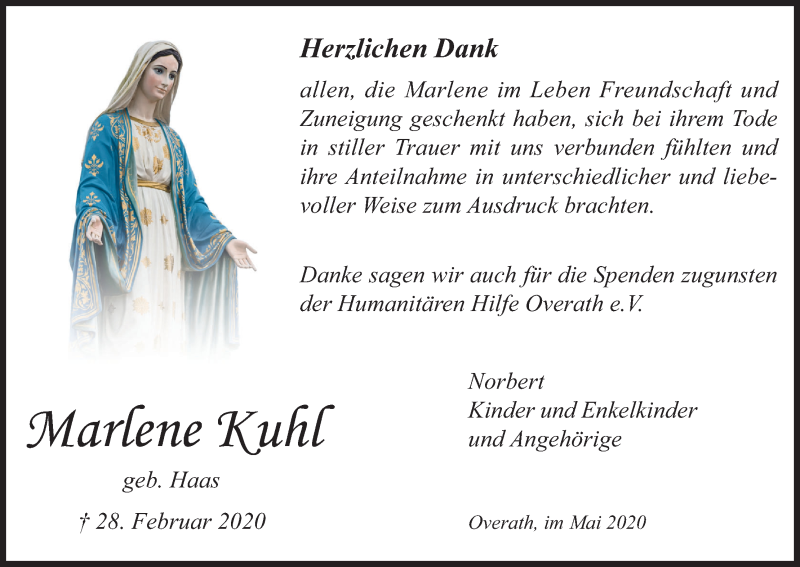  Traueranzeige für Marlene Kuhl vom 16.05.2020 aus Kölner Stadt-Anzeiger / Kölnische Rundschau / Express