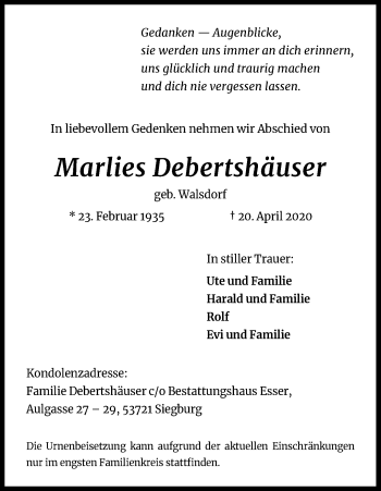 Anzeige von Marlies Debertshäuser von Kölner Stadt-Anzeiger / Kölnische Rundschau / Express