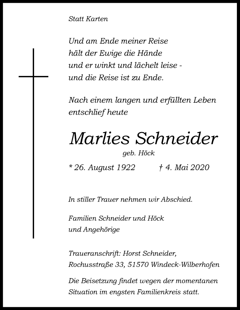  Traueranzeige für Marlies Schneider vom 15.05.2020 aus Kölner Stadt-Anzeiger / Kölnische Rundschau / Express