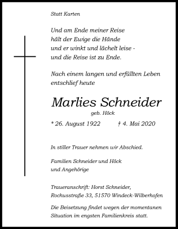 Anzeige von Marlies Schneider von Kölner Stadt-Anzeiger / Kölnische Rundschau / Express