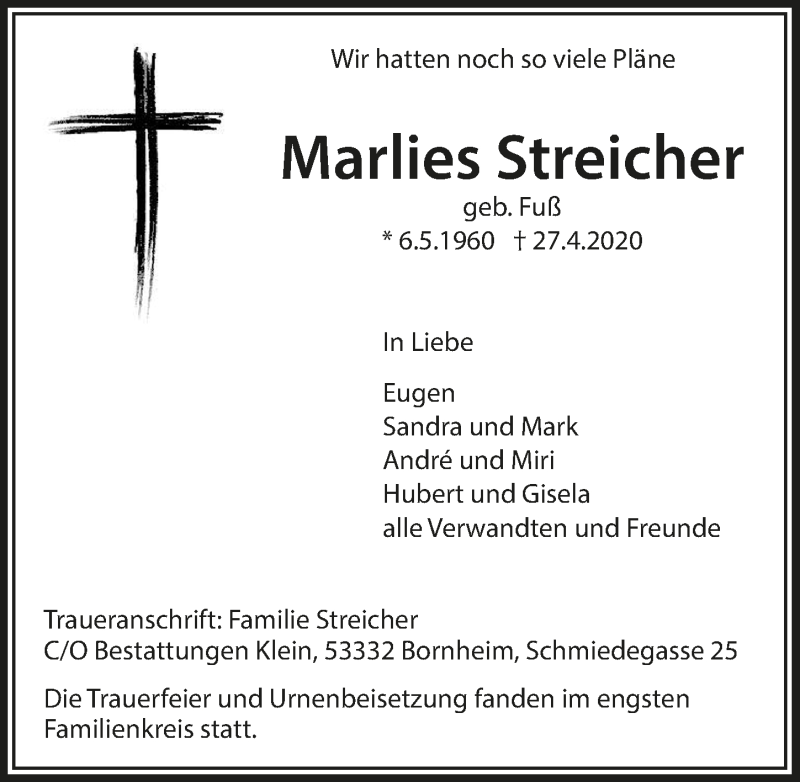  Traueranzeige für Marlies Streicher vom 08.05.2020 aus  Schaufenster/Blickpunkt 