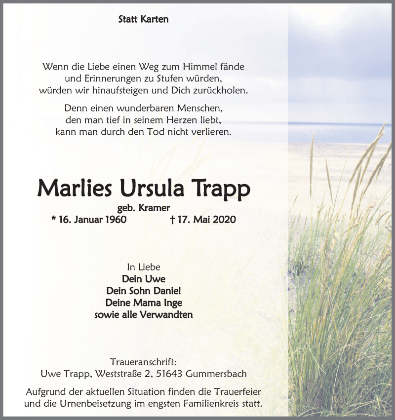  Traueranzeige für Marlies Ursula Trapp vom 20.05.2020 aus Kölner Stadt-Anzeiger / Kölnische Rundschau / Express