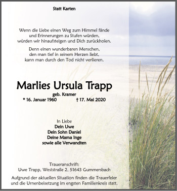 Anzeige von Marlies Ursula Trapp von  Anzeigen Echo 
