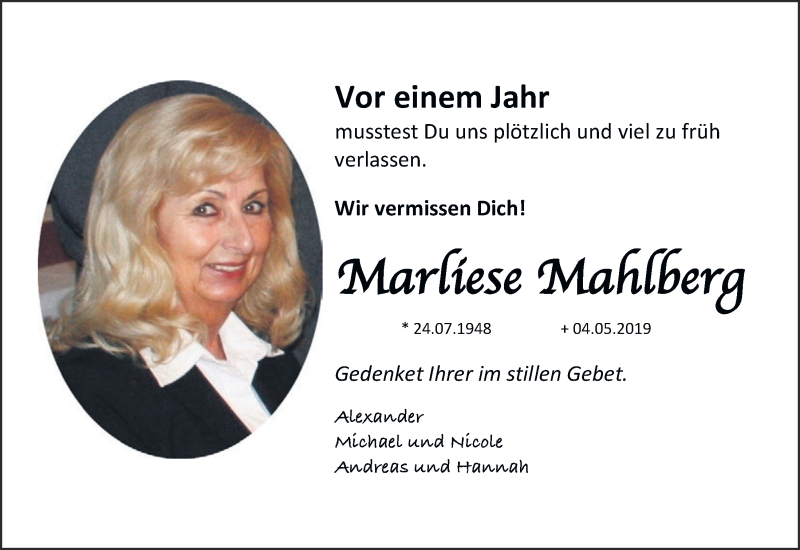  Traueranzeige für Marliese Mahlberg vom 02.05.2020 aus  Blickpunkt Euskirchen 