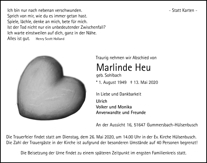  Traueranzeige für Marlinde Heu vom 22.05.2020 aus  Anzeigen Echo 