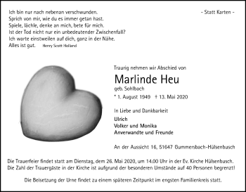 Anzeige von Marlinde Heu von Kölner Stadt-Anzeiger / Kölnische Rundschau / Express