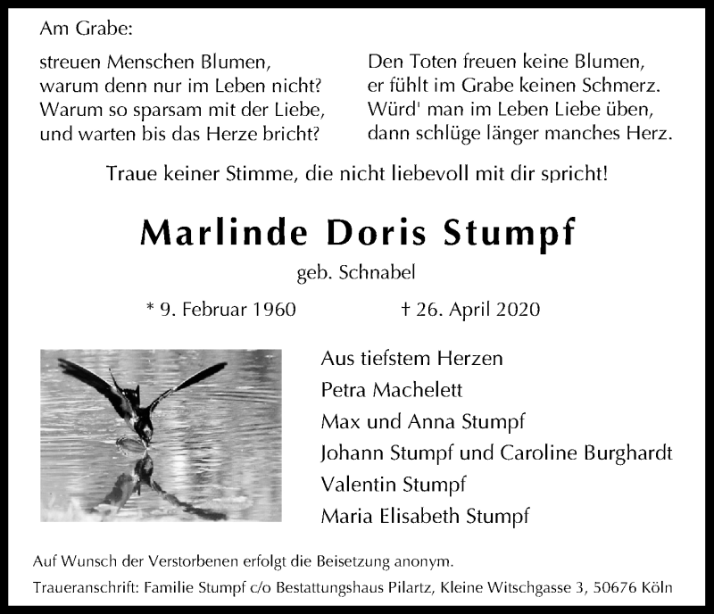  Traueranzeige für Marlinde Doris Stumpf vom 16.05.2020 aus Kölner Stadt-Anzeiger / Kölnische Rundschau / Express