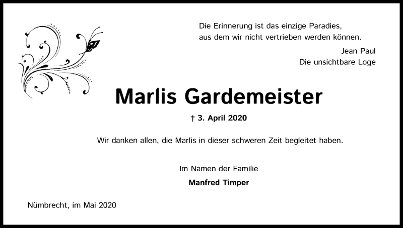  Traueranzeige für Marlis Gardemeister vom 09.05.2020 aus Kölner Stadt-Anzeiger / Kölnische Rundschau / Express