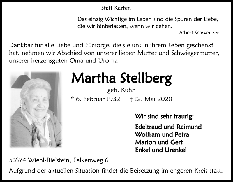  Traueranzeige für Martha Stellberg vom 16.05.2020 aus Kölner Stadt-Anzeiger / Kölnische Rundschau / Express