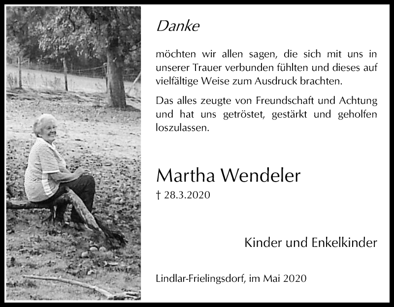  Traueranzeige für Martha Wendeler vom 09.05.2020 aus Kölner Stadt-Anzeiger / Kölnische Rundschau / Express