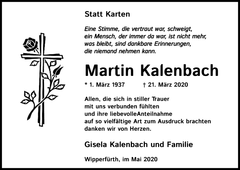  Traueranzeige für Martin Kalenbach vom 02.05.2020 aus Kölner Stadt-Anzeiger / Kölnische Rundschau / Express