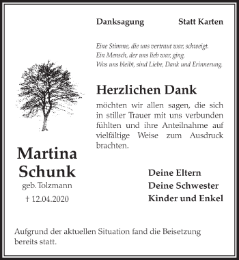 Anzeige von Martina Schunk von  Schlossbote/Werbekurier 
