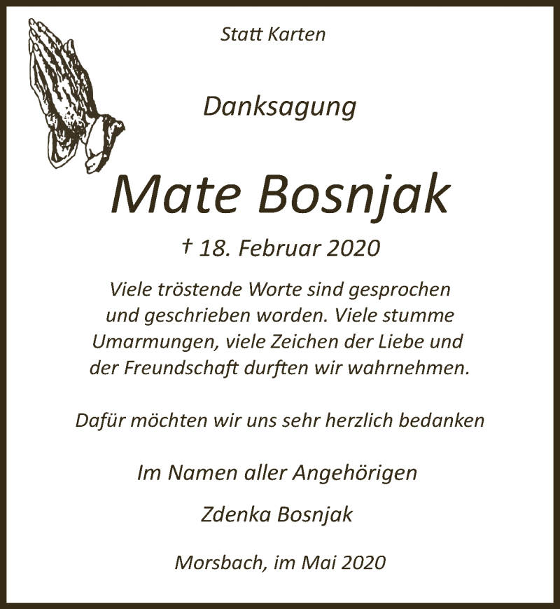  Traueranzeige für Mate Bosnjak vom 15.05.2020 aus  Lokalanzeiger 