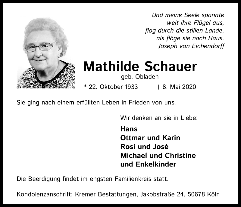  Traueranzeige für Mathilde Schauer vom 16.05.2020 aus Kölner Stadt-Anzeiger / Kölnische Rundschau / Express