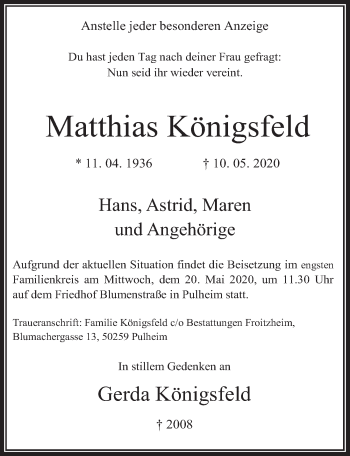Anzeige von Matthias Königsfeld von  Wochenende 
