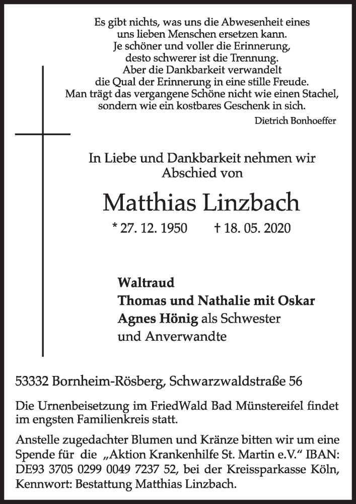  Traueranzeige für Matthias Linzbach vom 22.05.2020 aus  Schlossbote/Werbekurier 