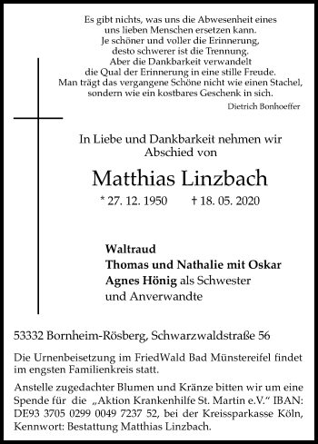 Anzeige von Matthias Linzbach von Kölner Stadt-Anzeiger / Kölnische Rundschau / Express