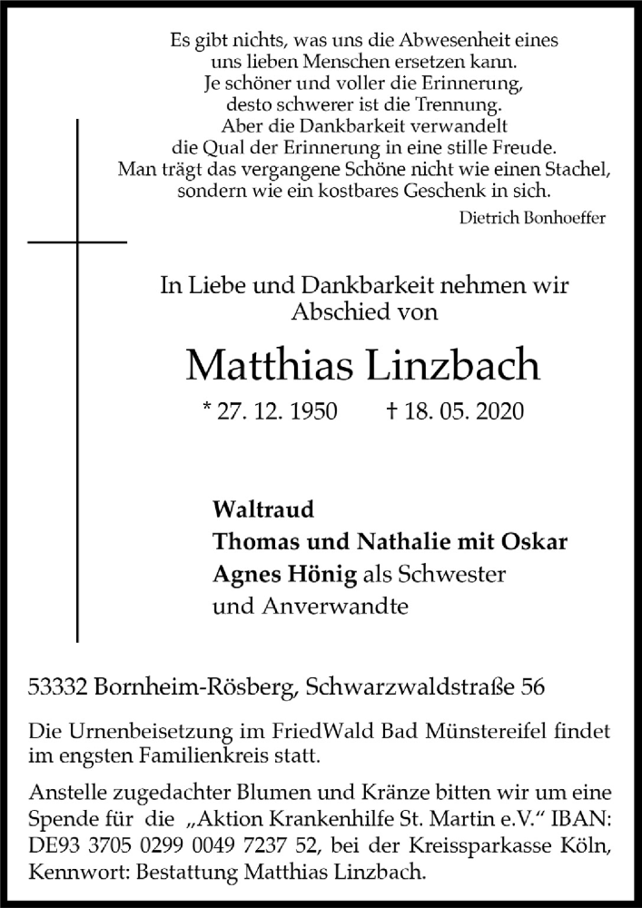  Traueranzeige für Matthias Linzbach vom 29.05.2020 aus  Schaufenster/Blickpunkt 