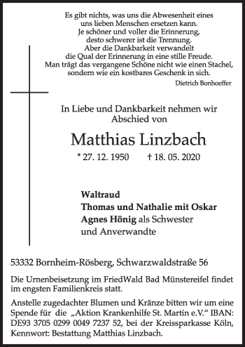 Anzeige von Matthias Linzbach von  Schlossbote/Werbekurier 
