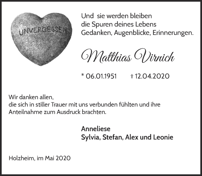  Traueranzeige für Matthias Virnich vom 30.05.2020 aus  Blickpunkt Euskirchen 
