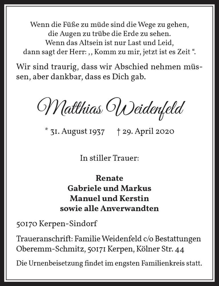  Traueranzeige für Matthias Weidenfeld vom 08.05.2020 aus  Werbepost 