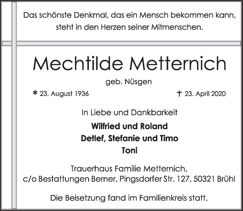  Traueranzeige für Mechtilde Metternich vom 08.05.2020 aus  Schlossbote/Werbekurier 