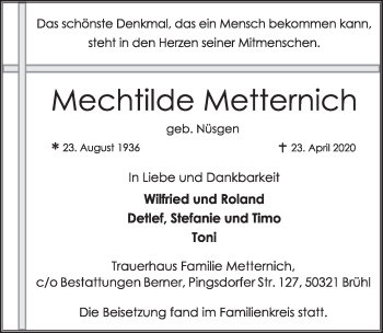 Anzeige von Mechtilde Metternich von  Schlossbote/Werbekurier 