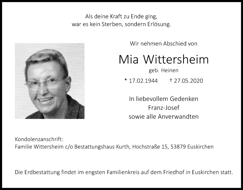  Traueranzeige für Mia Wittersheim vom 30.05.2020 aus Kölner Stadt-Anzeiger / Kölnische Rundschau / Express