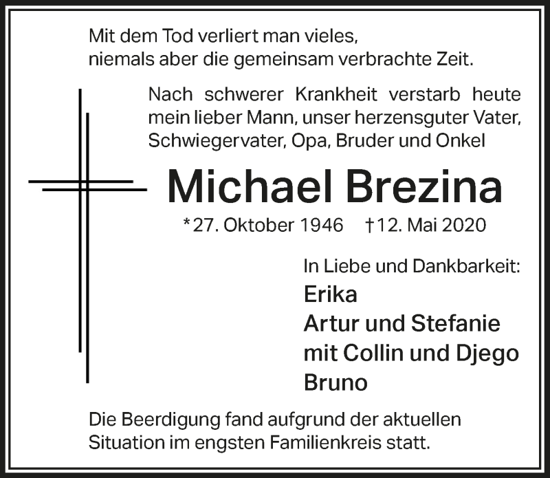  Traueranzeige für Michael Brezina vom 22.05.2020 aus  Anzeigen Echo 