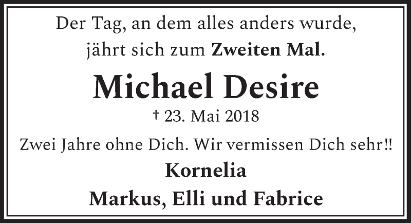  Traueranzeige für Michael Desire vom 22.05.2020 aus  Schlossbote/Werbekurier 