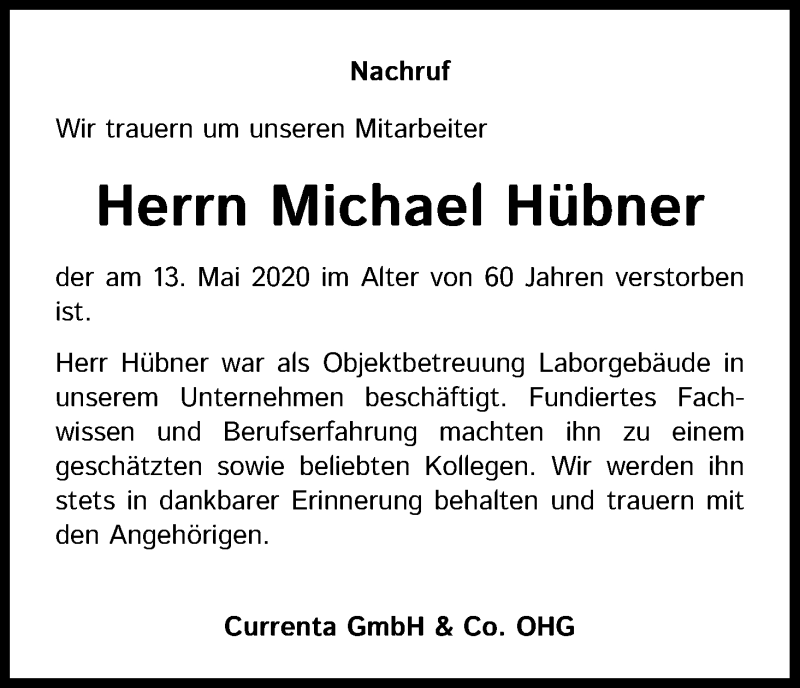  Traueranzeige für Michael Hübner vom 27.05.2020 aus Kölner Stadt-Anzeiger / Kölnische Rundschau / Express