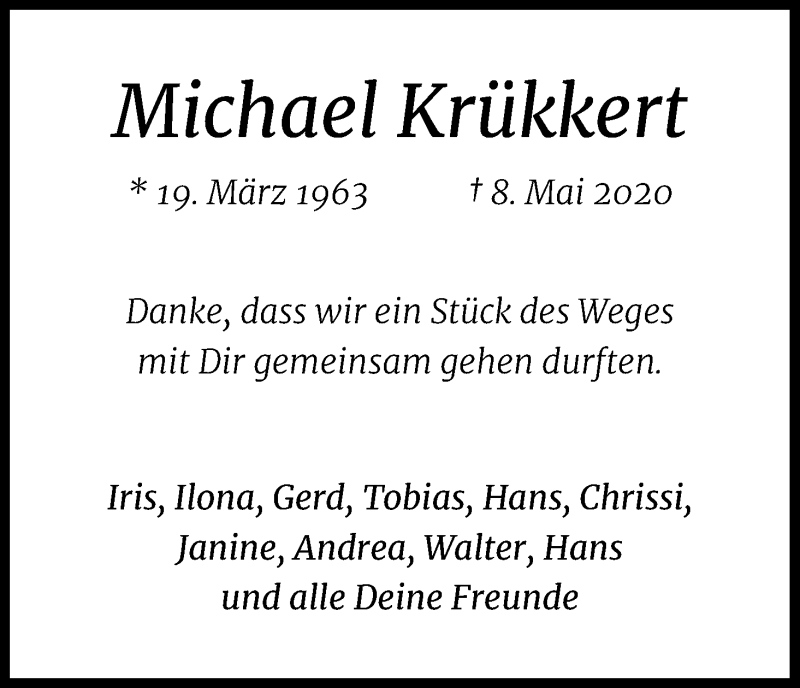  Traueranzeige für Michael Krükkert vom 16.05.2020 aus Kölner Stadt-Anzeiger / Kölnische Rundschau / Express