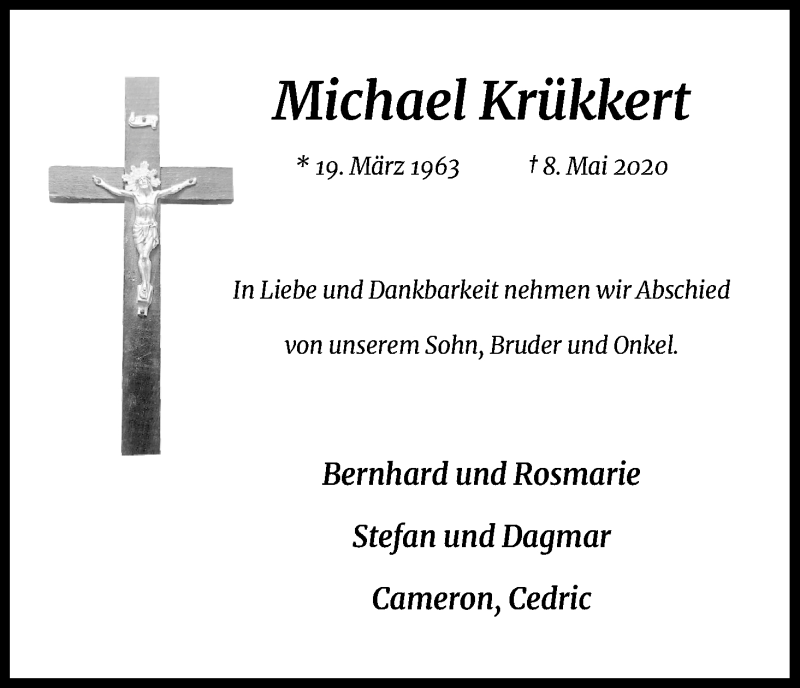  Traueranzeige für Michael Krükkert vom 16.05.2020 aus Kölner Stadt-Anzeiger / Kölnische Rundschau / Express