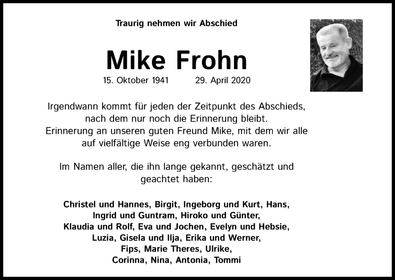  Traueranzeige für Mike Frohn vom 09.05.2020 aus Kölner Stadt-Anzeiger / Kölnische Rundschau / Express