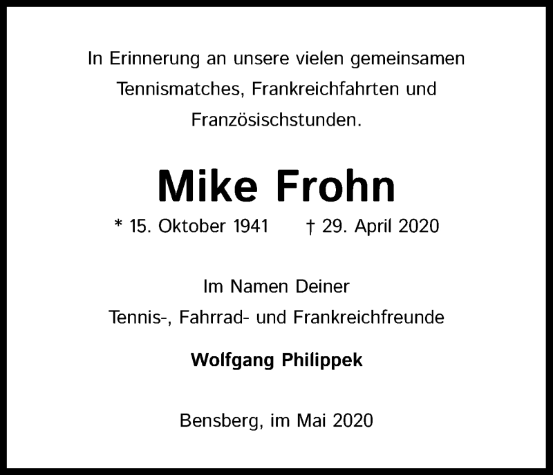  Traueranzeige für Mike Frohn vom 09.05.2020 aus Kölner Stadt-Anzeiger / Kölnische Rundschau / Express