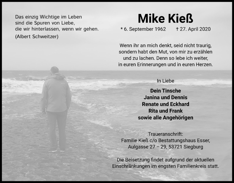  Traueranzeige für Mike Kieß vom 09.05.2020 aus Kölner Stadt-Anzeiger / Kölnische Rundschau / Express