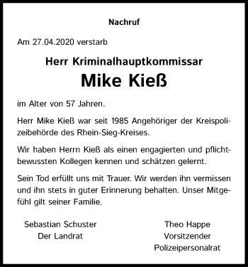 Anzeige von Mike Kieß von Kölner Stadt-Anzeiger / Kölnische Rundschau / Express